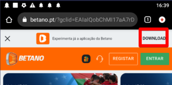 O botão de download da Betano app no website da casa de apostas para Android