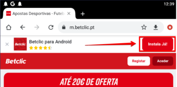 Botão para instalar a aplicação na versão móvel do website da Betclic