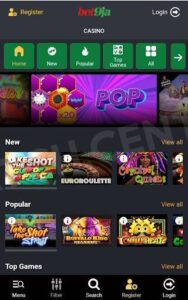 Casino menu in Bet9ja mobile version