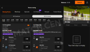 The live stream of a horse race is visible in the top right of the screen