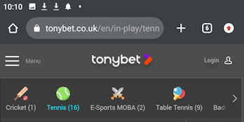 TonyBet live section on the mobile site