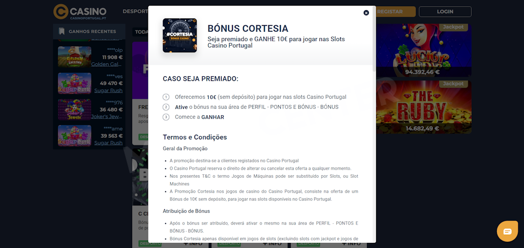 Página do bónus de boas-vindas no site do Casino Portugal