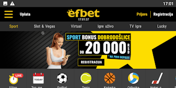 Početni ekran Efbet aplikacije za sportsko klađenja
