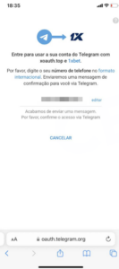 Um exemplo de registro na 1xBet por meio de redes sociais - neste caso, através da conta do Telegram.