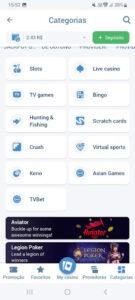 Cassino online da 1xBet no app aberto no celular com sistema operacional Android.