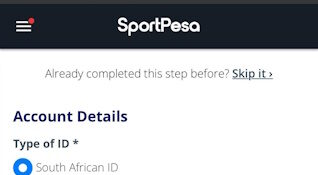 First stage of SportPesa login register on mobile website