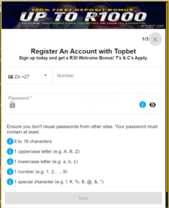 Topbet ZA sign up screen
