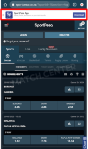 Sportpesa app download button on Android site mobile version