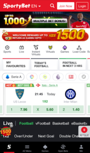 SportyBet Bookmaker Company main page