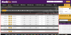 Selection of sports and matches on a live betting site