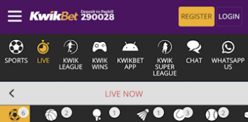KwikBet live section on the mobile site