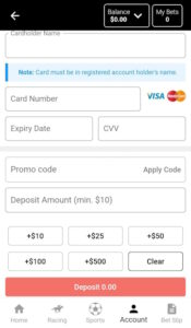 Account deposit on the BetDeluxe mobile app