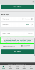 Ninth step of the Bet365 registration process.