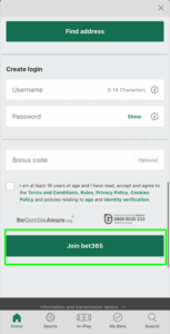 Final step of the Bet365 registration process.