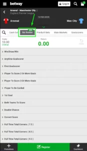 Bet Builder tab in the mobile application