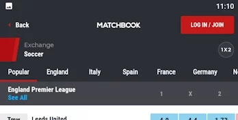 Home page of the dedicated Matchbook app for mobile devices