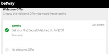Betway Welcome offer selection