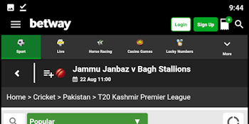 Selection of markets for betting on cricket in the Betway app