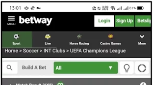 List of betting options for a soccer match in the Betway App