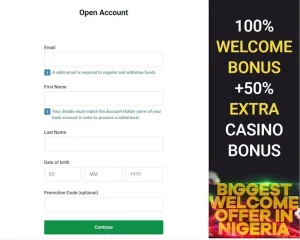 The Bet9ja registration form with the promocode
