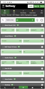 Markets for a soccer match in the Betway app