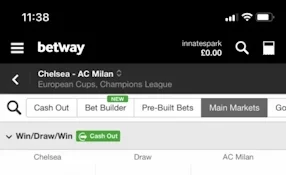 A football match markets in the sportsbook app. Betway