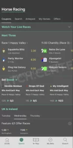 Selection of horse racing betting events. Bet365