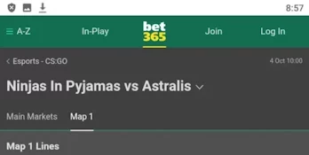 Bet365 site, match page