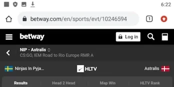 Betway site, event page