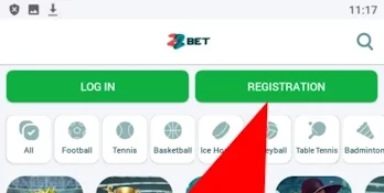 Registration button in the 22Bet app