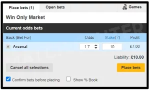 A back bet betslip before submission