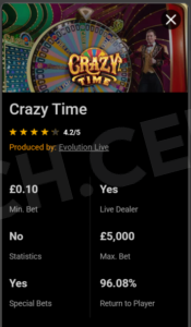 The Crazy Time game show on the Lord Ping platform