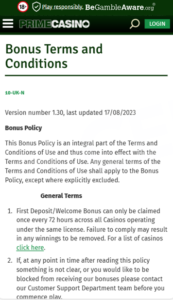 The terms and conditions of the Prime Casino online platform