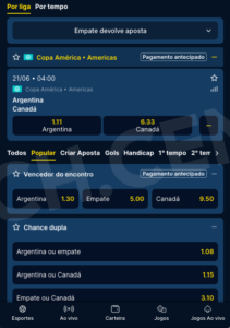 Seleção de mercados para o jogo da Copa América na Estrela Bet.